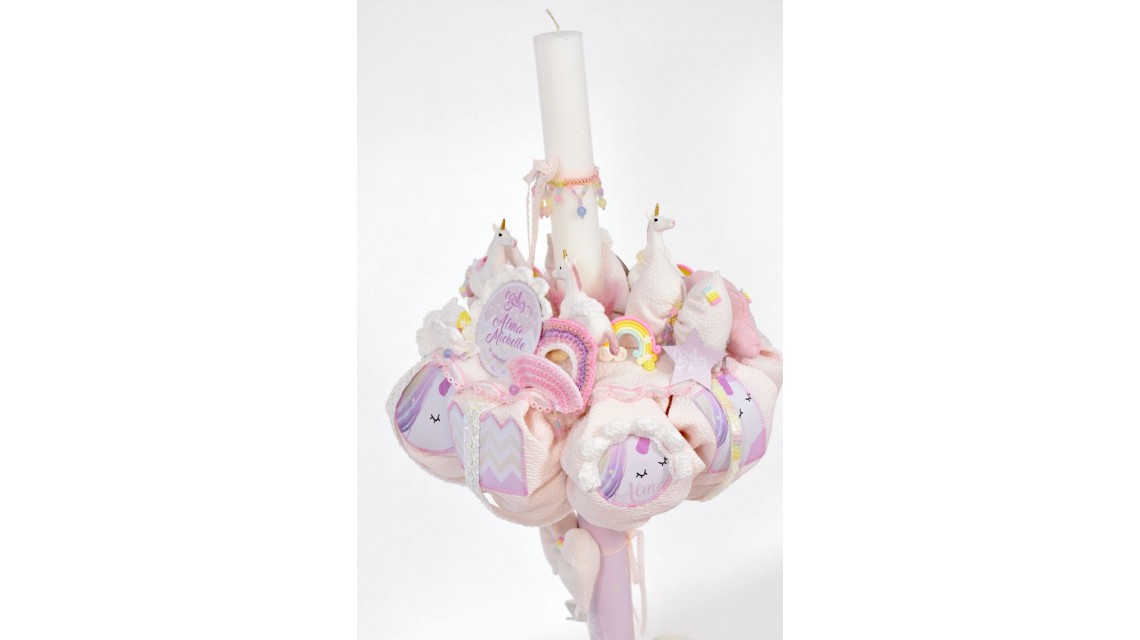 Lumanare de botez roz pentru fetite cu unicorni, 65x4cm, Baby Unicorn 3